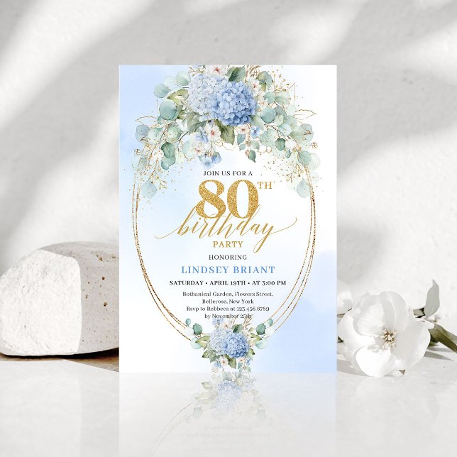 Convites Luxury Blue Hydrangea Floral 80th Birthday Invite (Luxury Blue Hydrangea Floral 80th Birthday Invitation)
