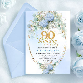 Convites Luxury Blue Hydrangeas Gold 90th Birthday Invites