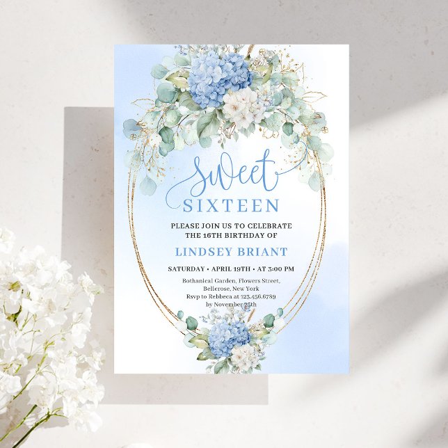 Convites Luxury Blue Hydrangeas Sweet Sixteen Party Invite (Luxury Blue Hydrangeas Sweet Sixteen Party Invite)