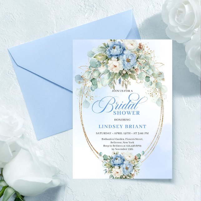 Convites Luxury Blue Peonies Eucalyptus Gold Bridal Shower  (Luxury Blue Peonies Eucalyptus Gold Bridal Shower Invite)