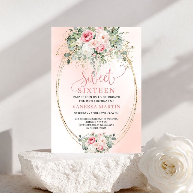 Convites Luxury Blush Floral Gold Sweet 16 Birthday Invite (Luxury Blush Floral Gold Sweet 16 Birthday Invite)