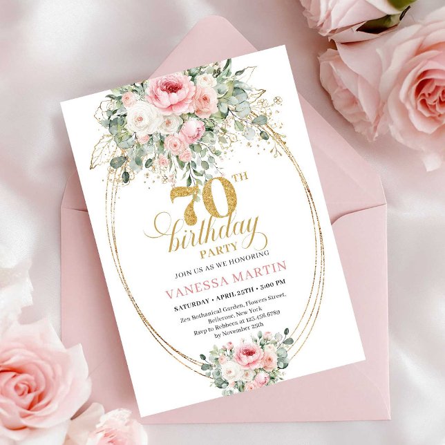 Convites Luxury Blush Roses Digital 70th Birthday Invite (Luxury Blush Roses Digital 70th Birthday Invitation)