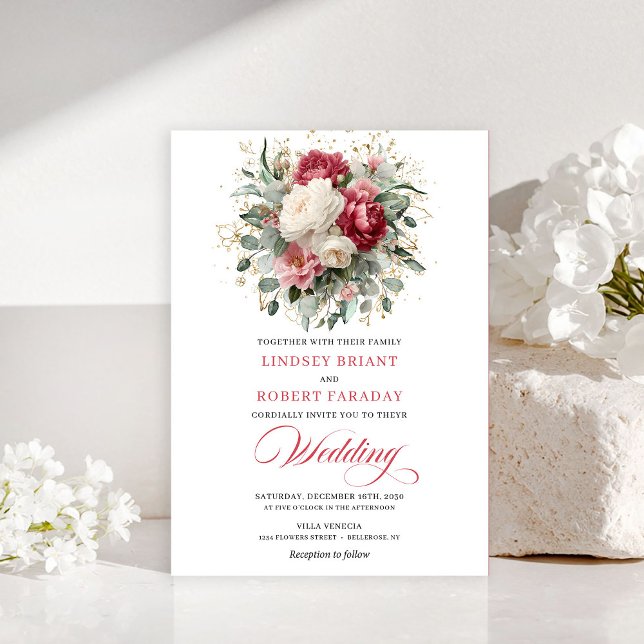 Convites Luxury Bohemian Red White Greenery Wedding Invite (Luxury Bohemian Red White Greenery Wedding Invitation)