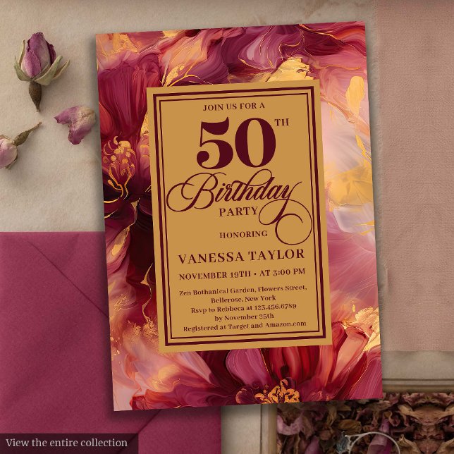Convites Luxury Boho Burgundy Flores Douradas 50º Aniversár (Luxury Boho Burgundy Gold Flowers 50th Birthday Invite)