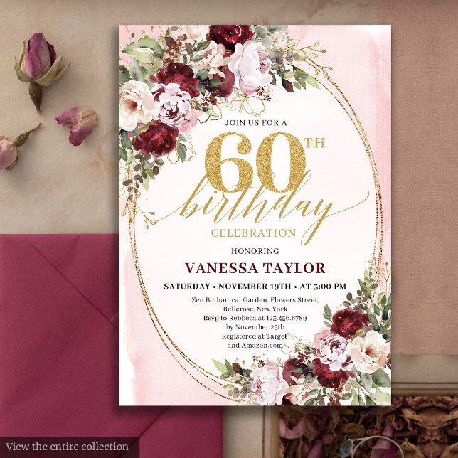 Convites Luxury Boho Burgundy Gold Floral 60th Birthday  (Luxury Boho Burgundy Gold Floral 60th Birthday)