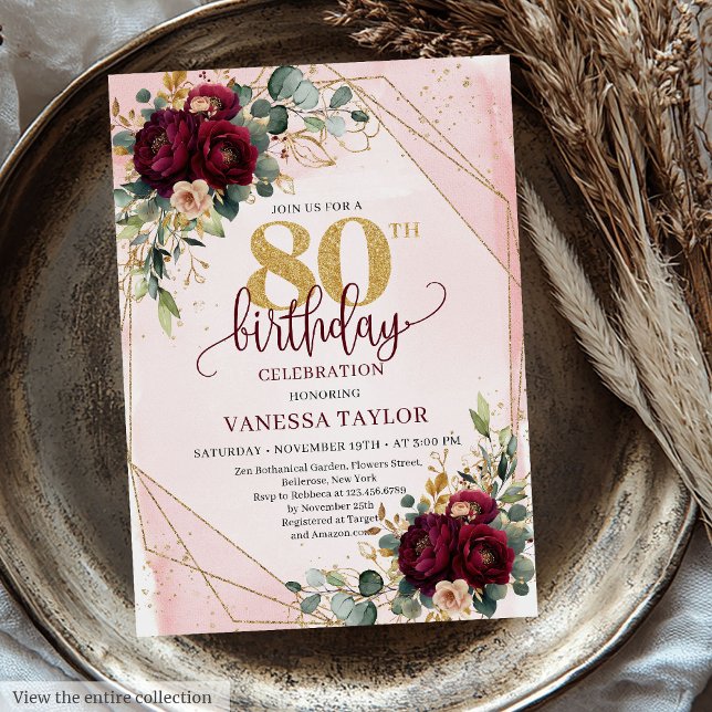 Convites Luxury Boho Dark Red Dourado Rosa Aniversário (Luxury Boho Dark Red Gold Roses 80th Birthday Invitation)