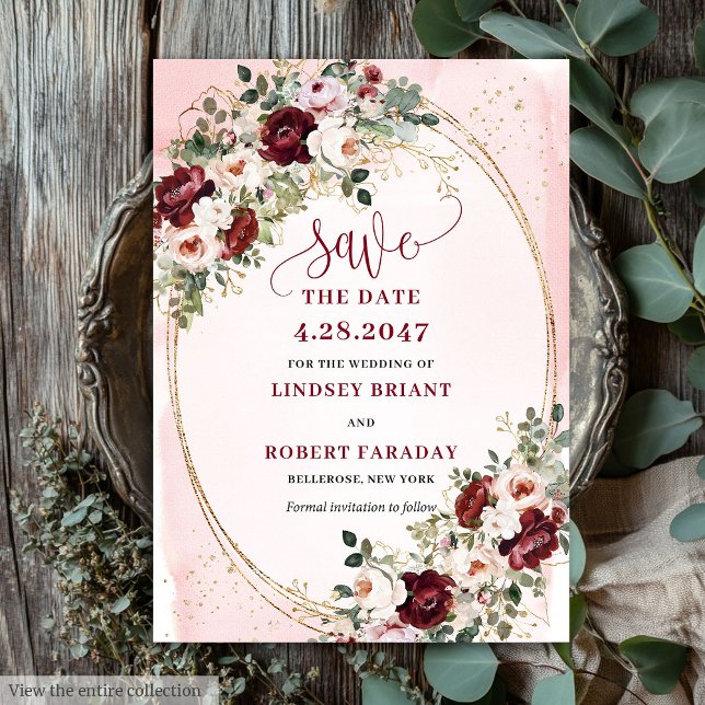 Convites Luxury Boho Maroon Blush Gold Roses Save Date (Luxury Boho Maroon Blush Gold Roses Save Date)
