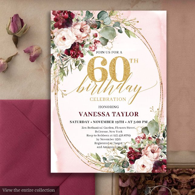 Convites Luxury Boho Maroon Gold Floral 60th Birthday Card (Luxury Boho Maroon Gold Floral 60th Birthday)