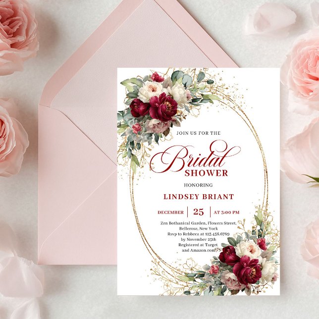 Convites Luxury Burgundy and White Floral Bridal Shower  (Luxury Burgundy and White Floral Bridal Shower Invite)