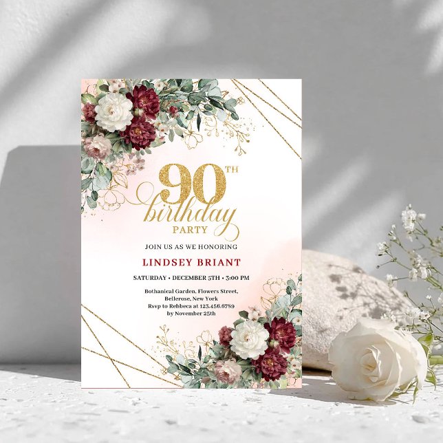 Convites Luxury Burgundy Boho Floral Greenery 90th Birthday (Luxury Burgundy Floral Greenery 90th Birthday Invite)
