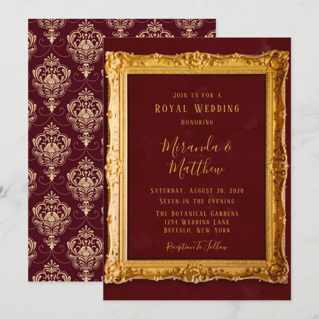 Convites Luxury Burgundy e Dourado Casamento Real (Frente/Verso)