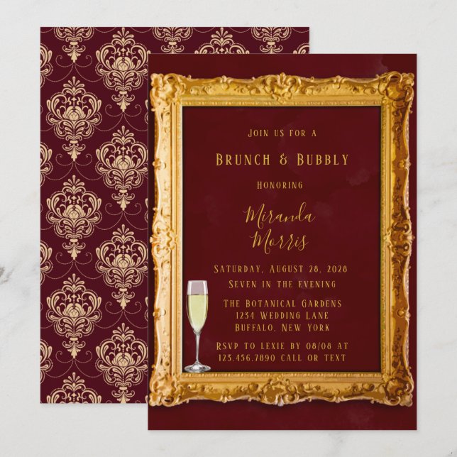 Convites Luxury Burgundy e Dourado Royal Brunch & Bubble (Frente/Verso)