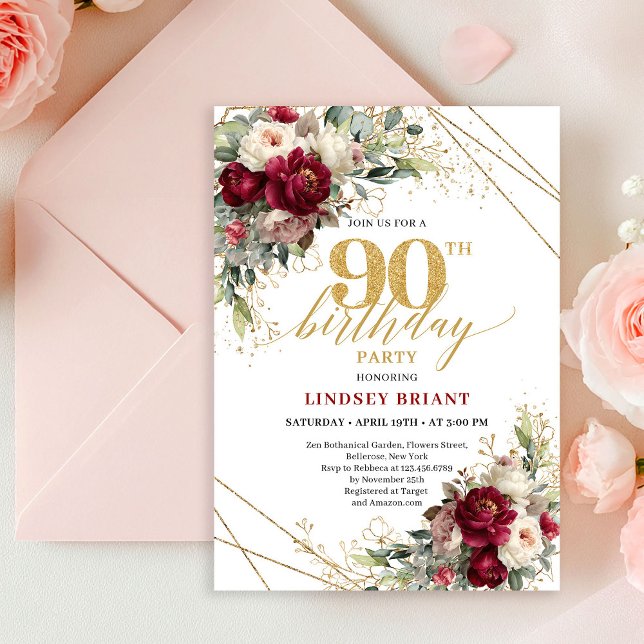 Convites Luxury Burgundy Floral Gold 90th Birthday Invite (Luxury Burgundy Floral Gold 90th Birthday Invitation)