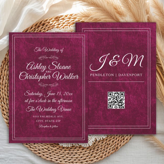 Convites Luxury Burgundy Velvet White Monogram QR code (Velvet burgundy script forward wedding invitation)