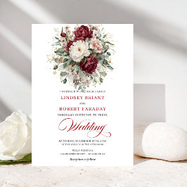 Convites Luxury Burgundy White Floral Eucalyptus Wedding 
