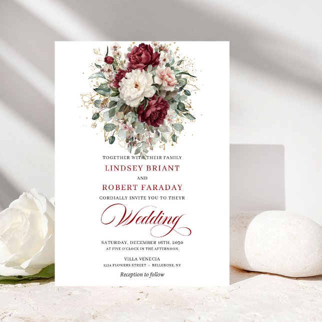 Convites Luxury Burgundy White Floral Eucalyptus Wedding  (Luxury Burgundy White Floral Eucalyptus Wedding Invitation)