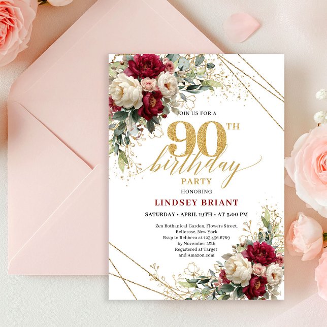 Convites Luxury Burgundy White Roses Gold 90th Birthday  (Luxury Burgundy White Roses Gold 90th Birthday Invite)