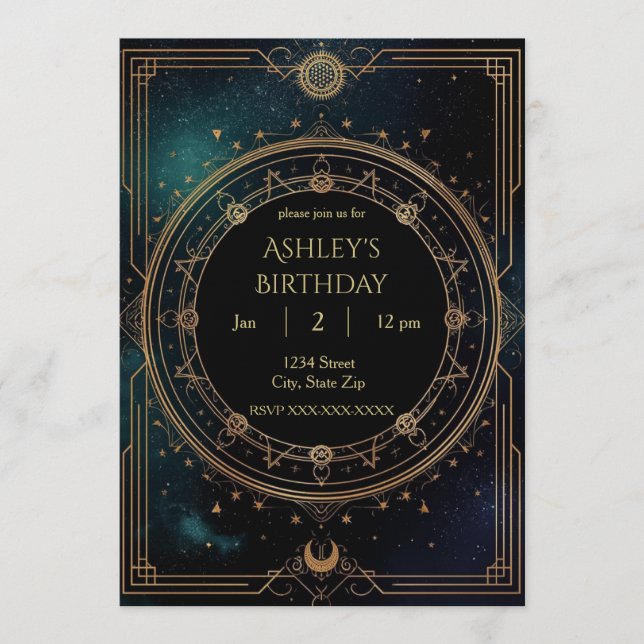 Convites Luxury Celestial Birthday Invitation – Midnight (Frente)