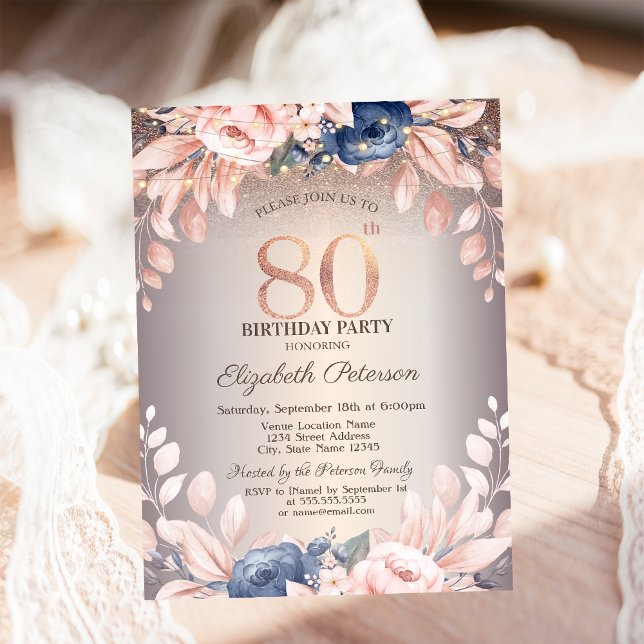 Convites Luxury Chic Floral,String Lights 80 Aniversário (Criador carregado)