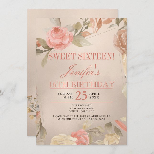 Convites Luxury Coral Dourado Peach Floral FOTO Doce Dezess (Frente/Verso)