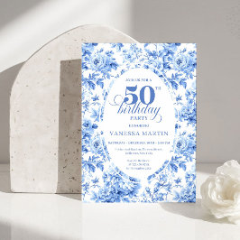 Convites Luxury Deep Blue Toile Roses 50th Birthday Invite
