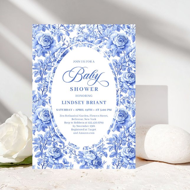Convites Luxury Deep Blue Toile Roses Baby Shower Invites (Luxury Deep Blue Toile Roses Baby Shower Invitation)