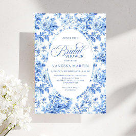 Convites Luxury Deep Blue Toile Roses Bridal Shower Invite