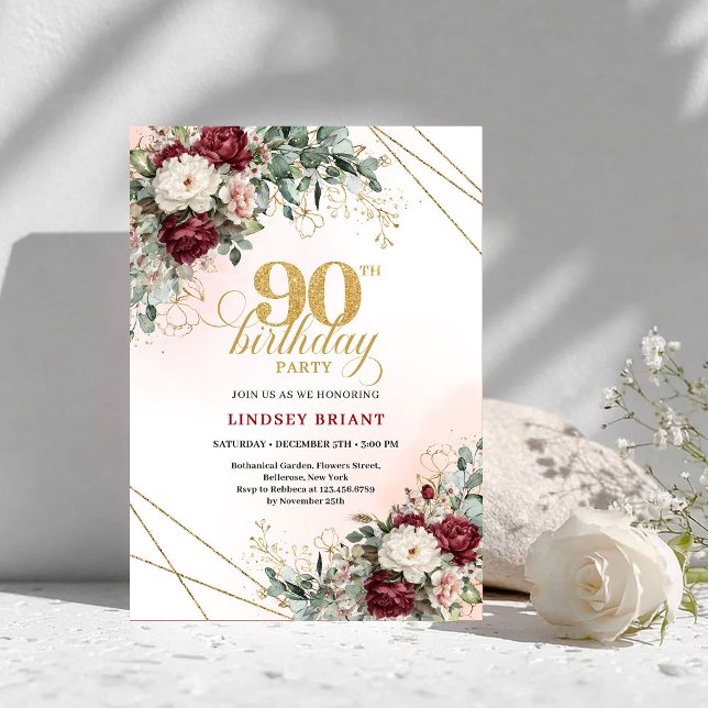 Convites Luxury Deep Red Floral Gold 90th Birthday Invite (Luxury Deep Red Floral Gold 90th Birthday Invitation)