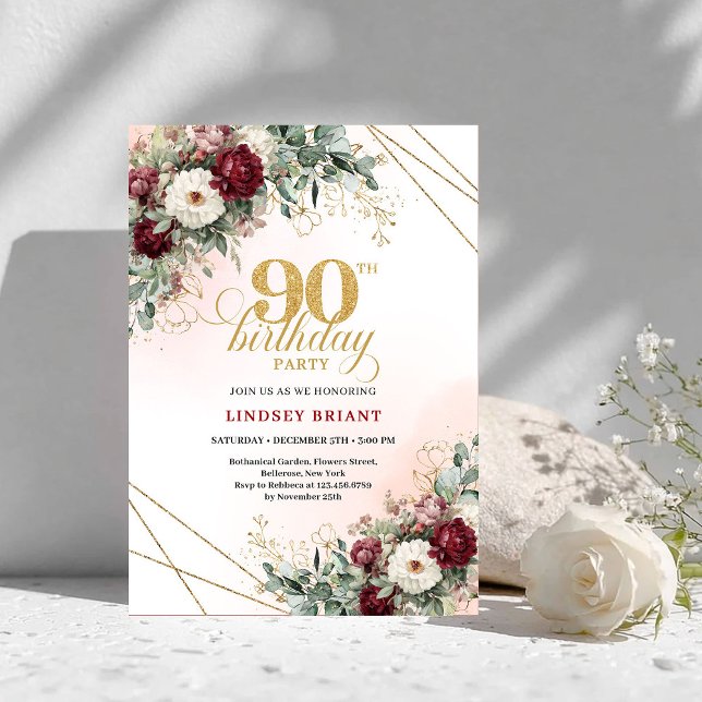 Convites Luxury Deep Red Floral Gold 90th Birthday Invite (Luxury Deep Red Floral Gold 90th Birthday Invitation)