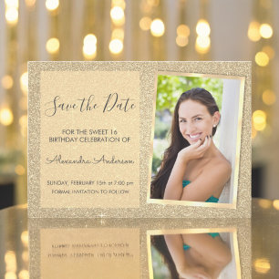 Convites Luxury Dourado Glitter Sweet 16 Salve a data