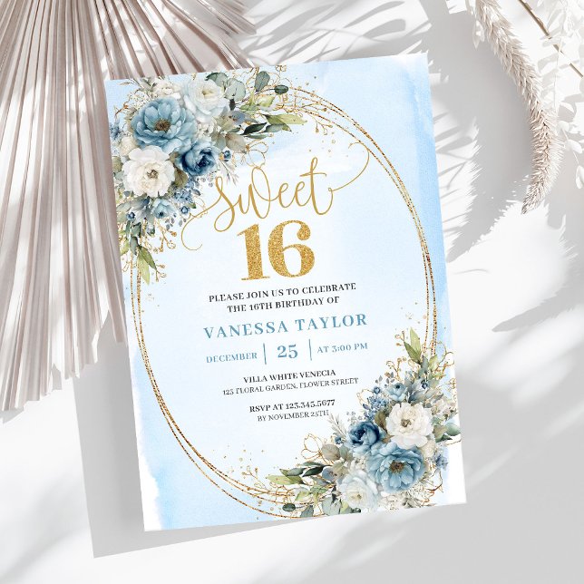 Convites Luxury Dusty Blue Floral Sweet Sixteen Birthday  (Luxury Dusty Blue Floral Sweet Sixteen Birthday Invite)