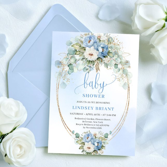 Convites Luxury Dusty Blue Flowers Eucalyptus Gold Baby  (Luxury Dusty Blue Flowers Eucalyptus Gold Baby Shower)