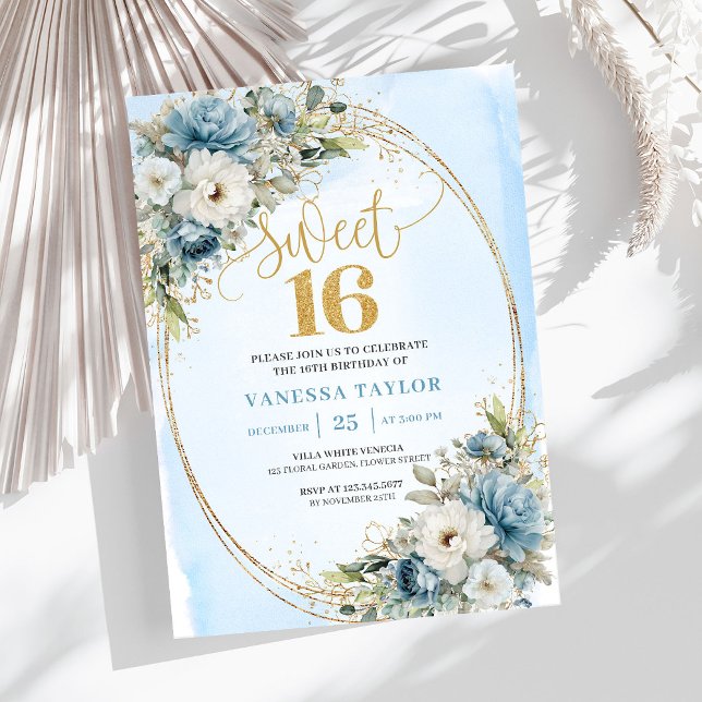 Convites Luxury Dusty Blue Greenery Sweet 16th Birthday  (Luxury Dusty Blue Greenery Sweet 16th Birthday Invite)