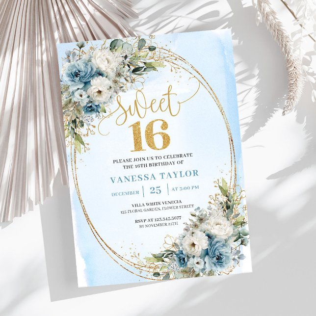 Convites Luxury Dusty Blue Greenery Sweet Sixteen Invite (Luxury Dusty Blue Greenery Sweet Sixteen Invite)