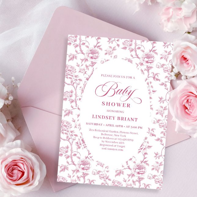 Convites Luxury Dusty Rose Floral Toile Baby Shower Invite (Luxury Dusty Rose Floral Toile Baby Shower Invitation)