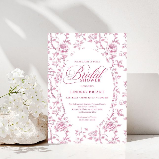 Convites Luxury Dusty Rose Floral Toile Bridal Shower Invit (Luxury Dusty Rose Floral Toile Bridal Shower Invitation)