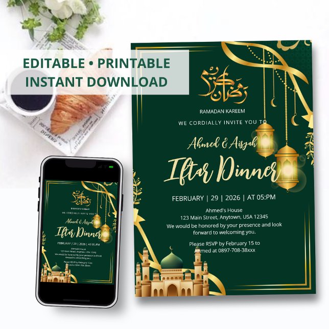 Convites Luxury Emerald Green and Gold Mosque Iftar Dinner (Criador carregado)