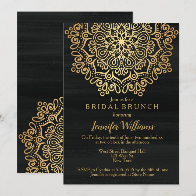 Convites Luxury Faux Dourado Mandala Black Bridal Brunch (Frente/Verso)