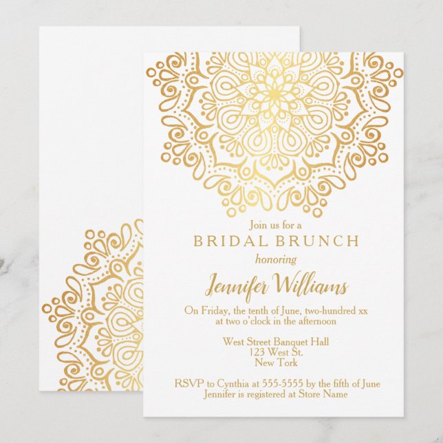 Convites Luxury Faux Dourado Mandala White Bridal Brunch (Frente/Verso)