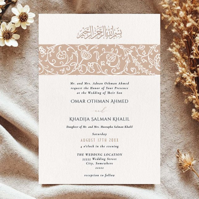 Convites Luxury Floral Beige Islamic Muslim Wedding (Criador carregado)