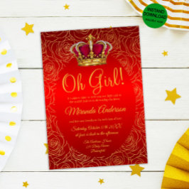 Convites Luxury Floral Dourado Chá de fraldas Vermelho Real