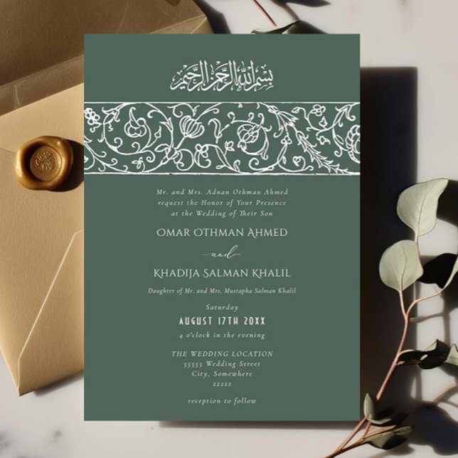 Convites Luxury Floral Dusty Green Islamic Muslim Wedding (Criador carregado)
