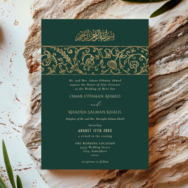 Convites Luxury Floral Emerald Green & Gold Islamic Wedding (Criador carregado)