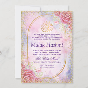 Convites Luxury Floral Gliter Watercolor Aqeqah Islâmica