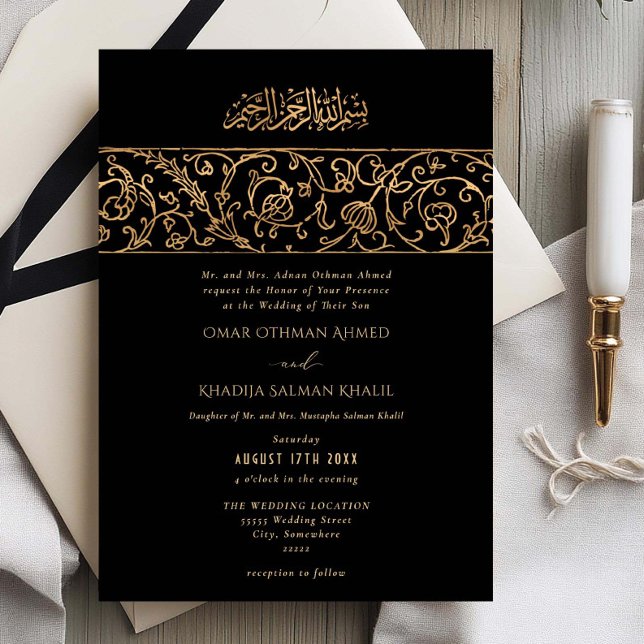 Convites Luxury Floral Gold Black Islamic Wedding (Criador carregado)