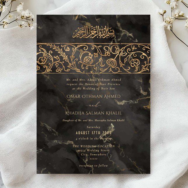 Convites Luxury Floral Gold Black Marble Islamic Wedding (Criador carregado)