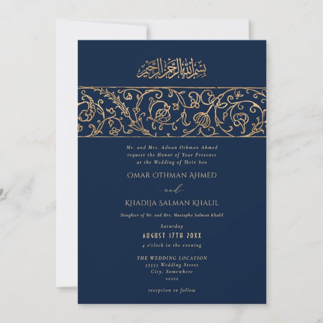 Convites Luxury Floral Gold Navy Blue Islamic Wedding (Frente)