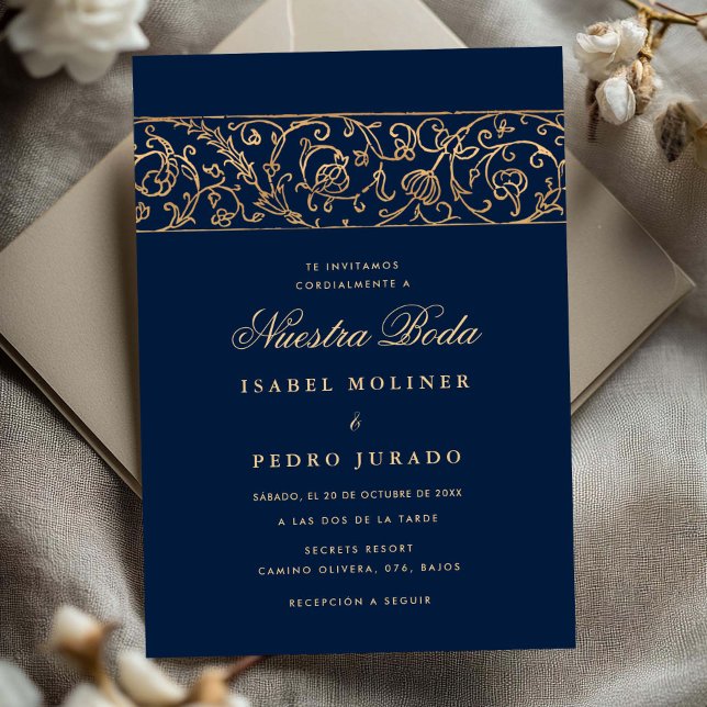 Convites Luxury Floral Gold Navy Blue Nuestra Boda Wedding (Criador carregado)