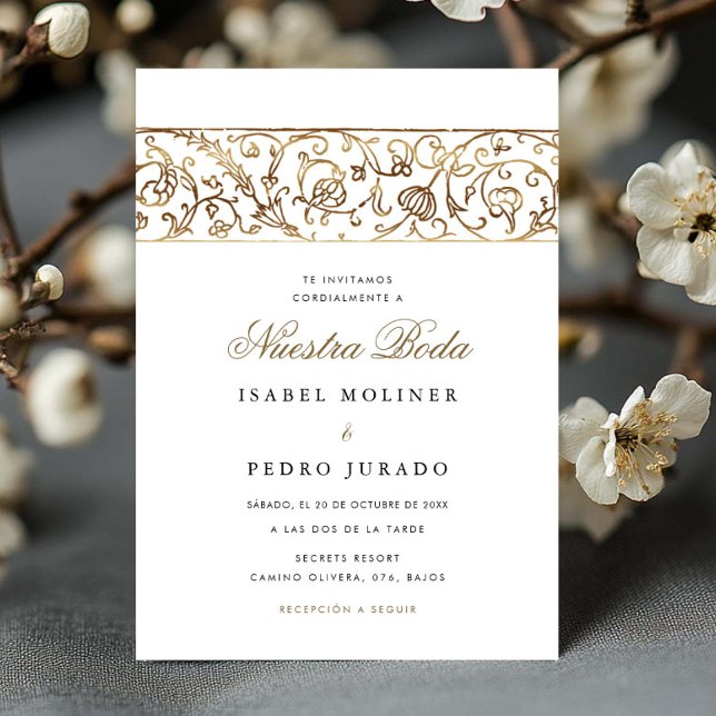 Convites Luxury Floral Gold Nuestra Boda Spanish Wedding (Criador carregado)
