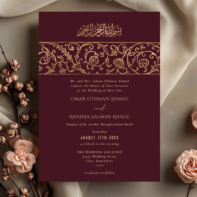 Convites Luxury Floral Gold Red Maroon Islamic Wedding (Criador carregado)